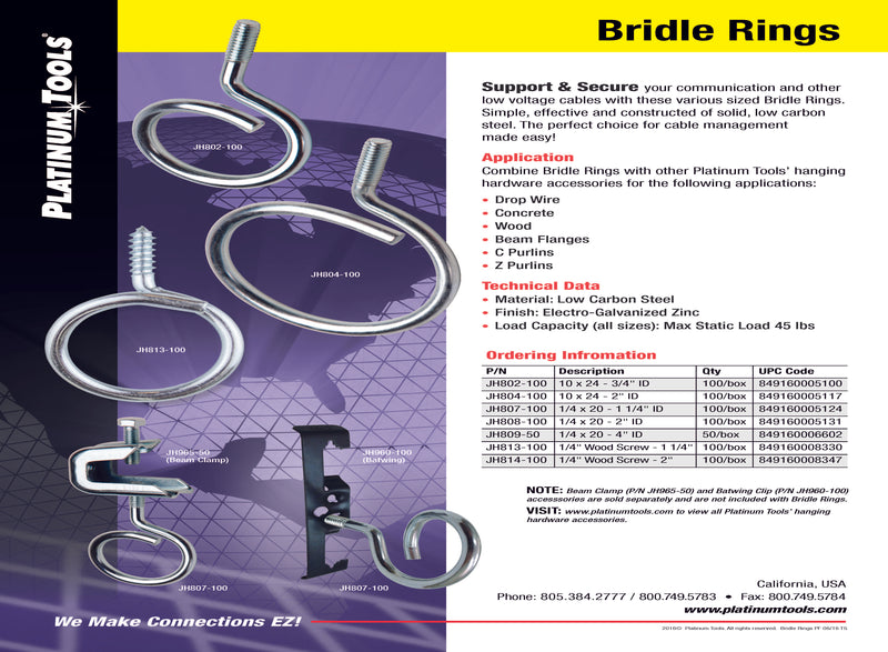 Platinum Tools JH807-100 Bridle Ring 1/4 x 20 - 1 1/4" ID 100pc Box - Bulk CCTV Store